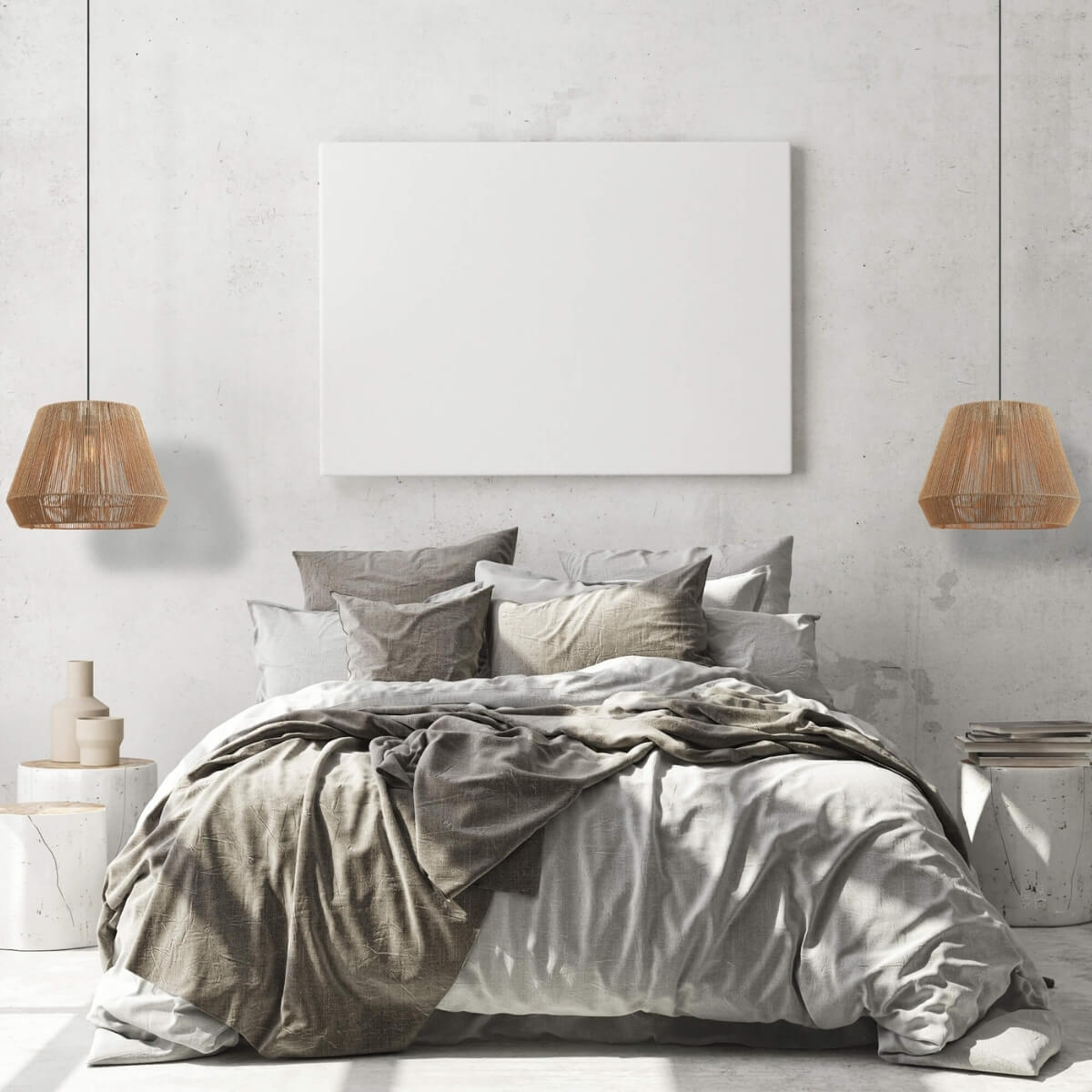 Chambre épurée, suspensions rotin symétriques au-dessus du linge de lit froissé