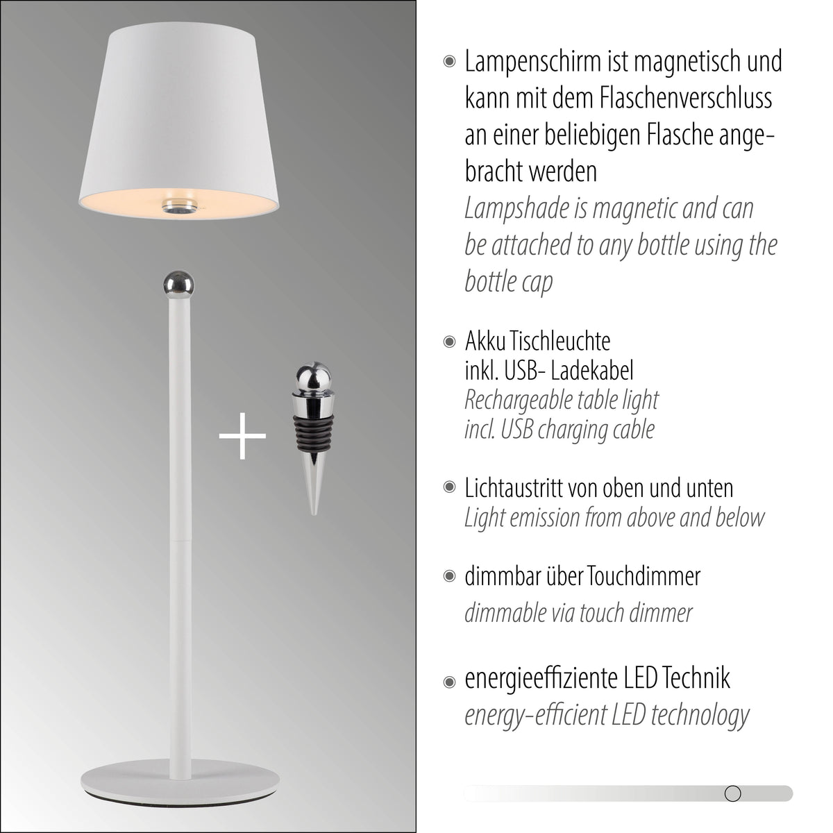 Fiche technique illustrée avec puces en allemand et anglais, lampe blanche et bouchon.