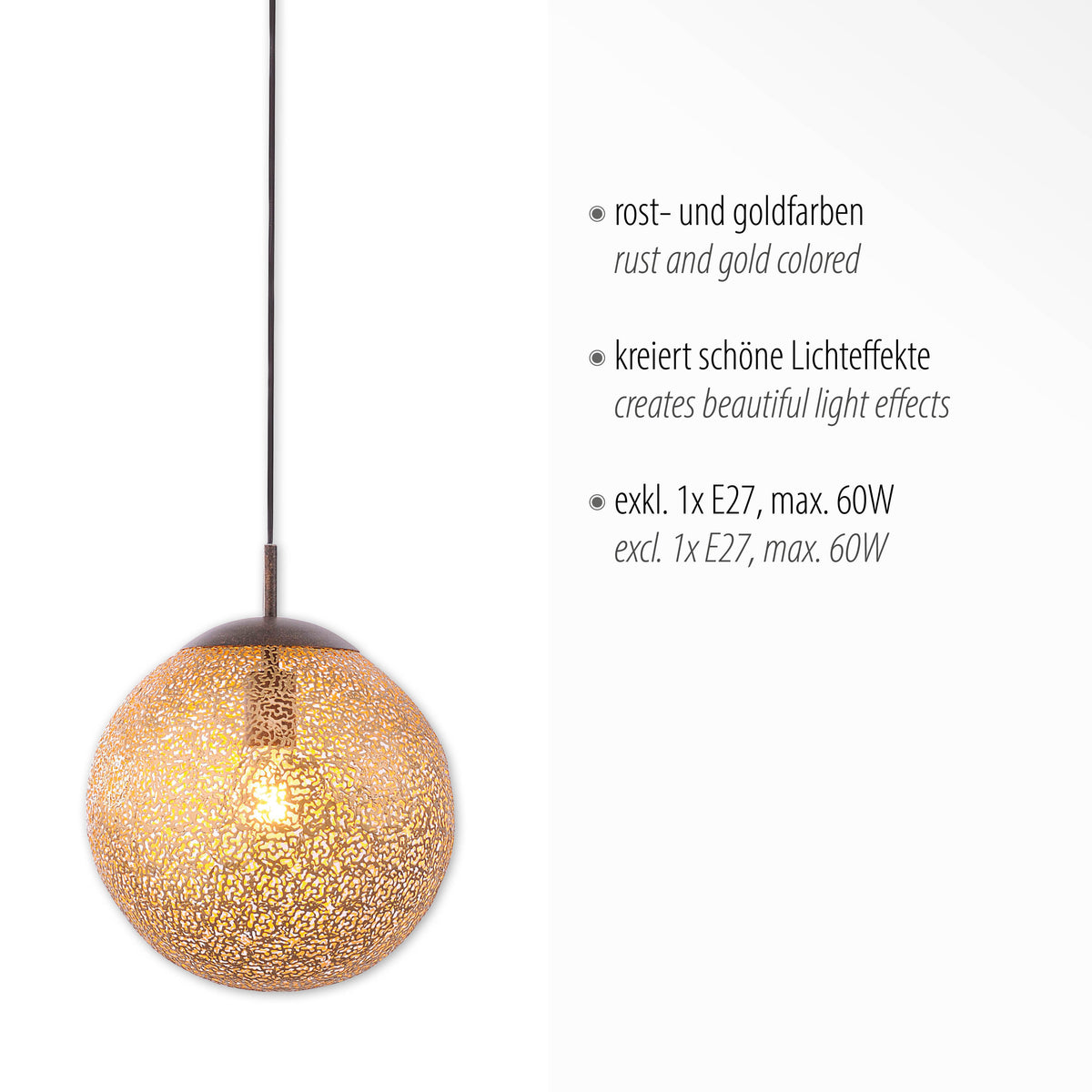 Détail du globe doré avec texte allemand et anglais sur ampoule E27 exclue.
