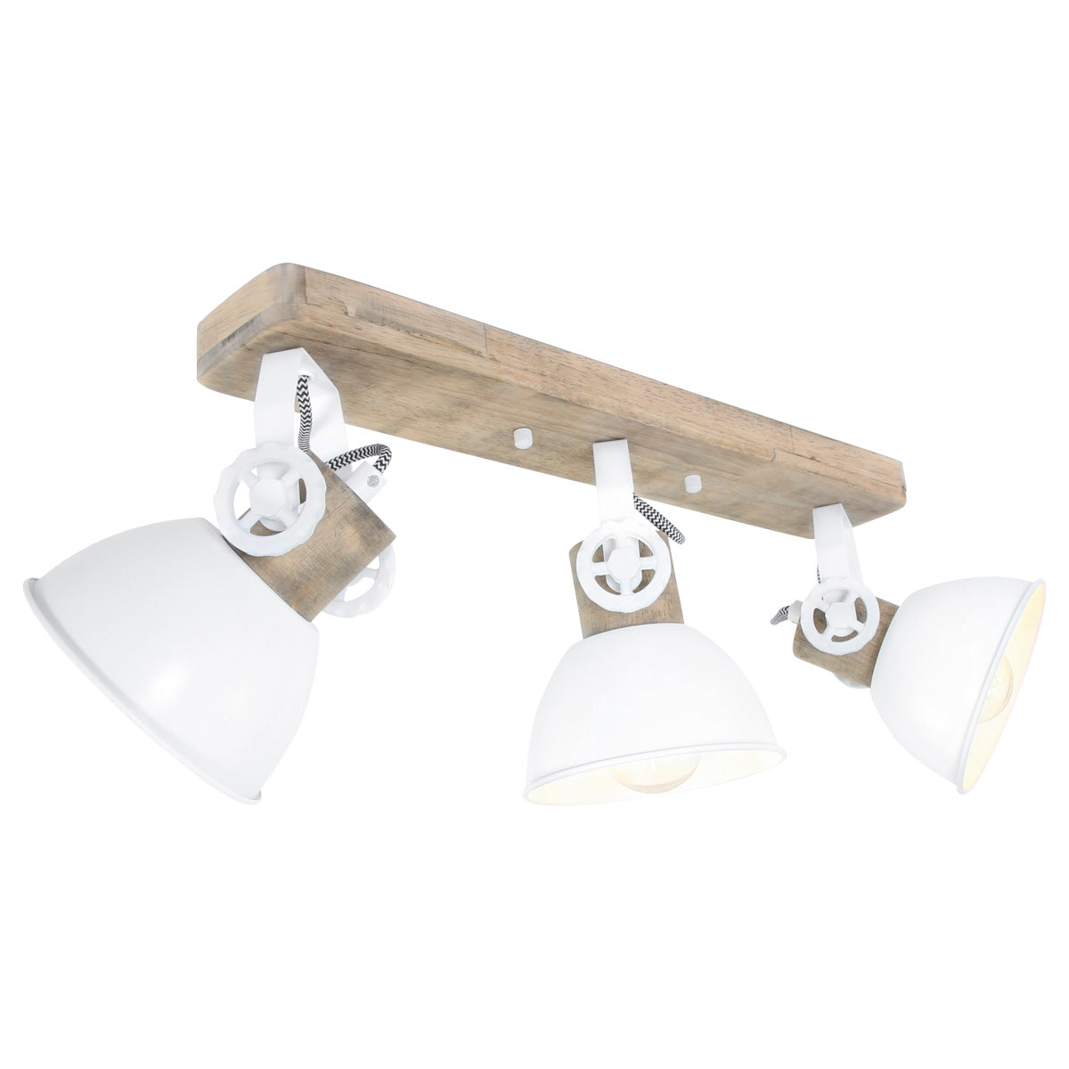 Vue de trois quarts du luminaire avec ses trois diffuseurs blancs inclinés.