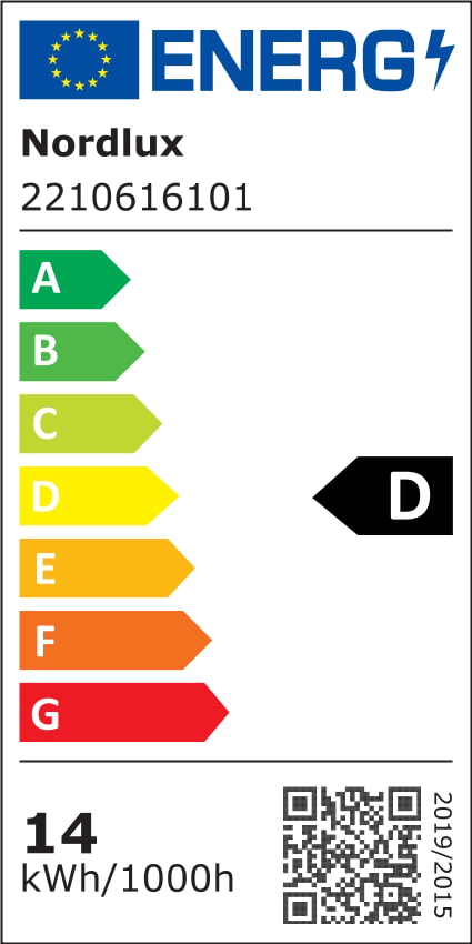 Étiquette énergie européenne du luminaire, classe D, consommation 14 kWh pour 1000 heures.
