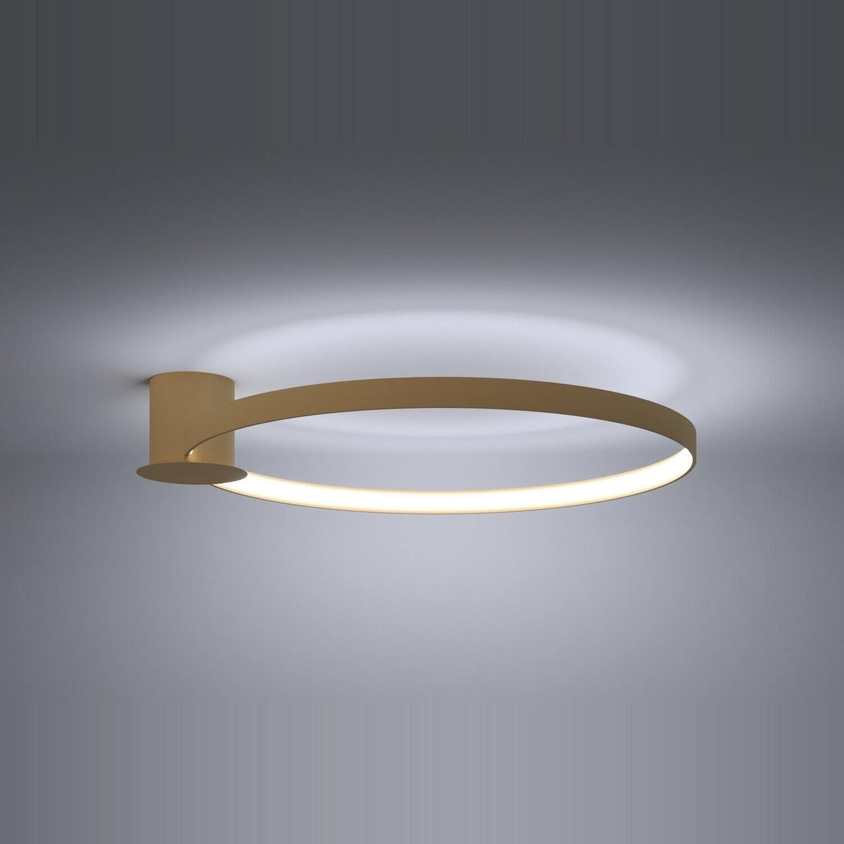 Anneau lumineux allumé diffusant une lumière blanche uniforme au plafond.