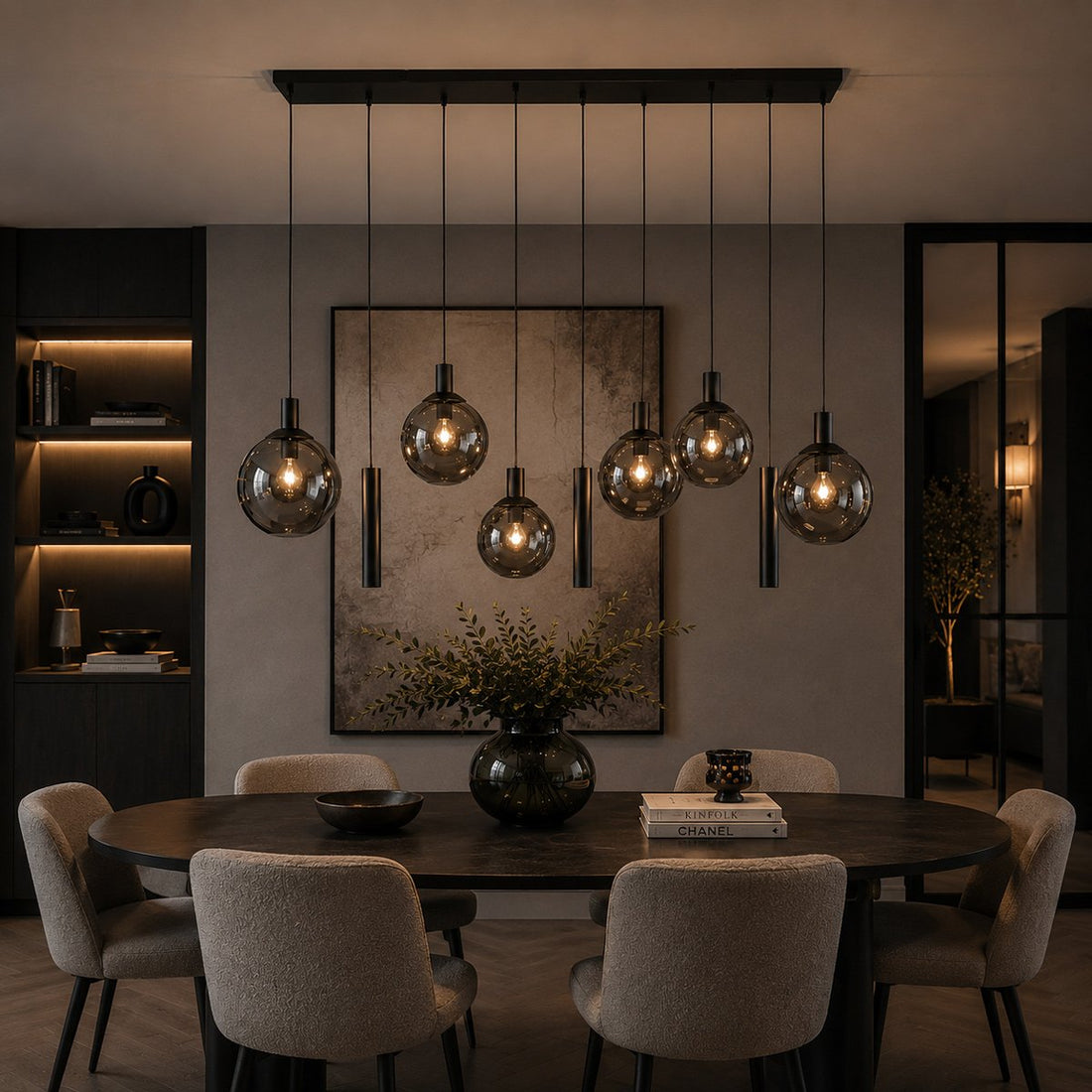Black smoked glass globe pendant light, 9 lights 160 cm for living room | Bollique