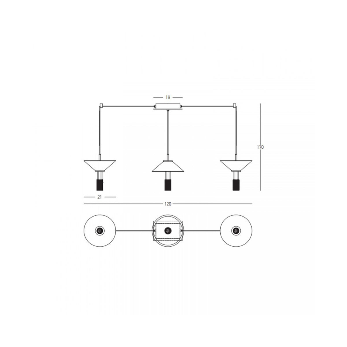 Schéma technique coté montrant largeur 120 cm, hauteur 170 cm et entraxes.