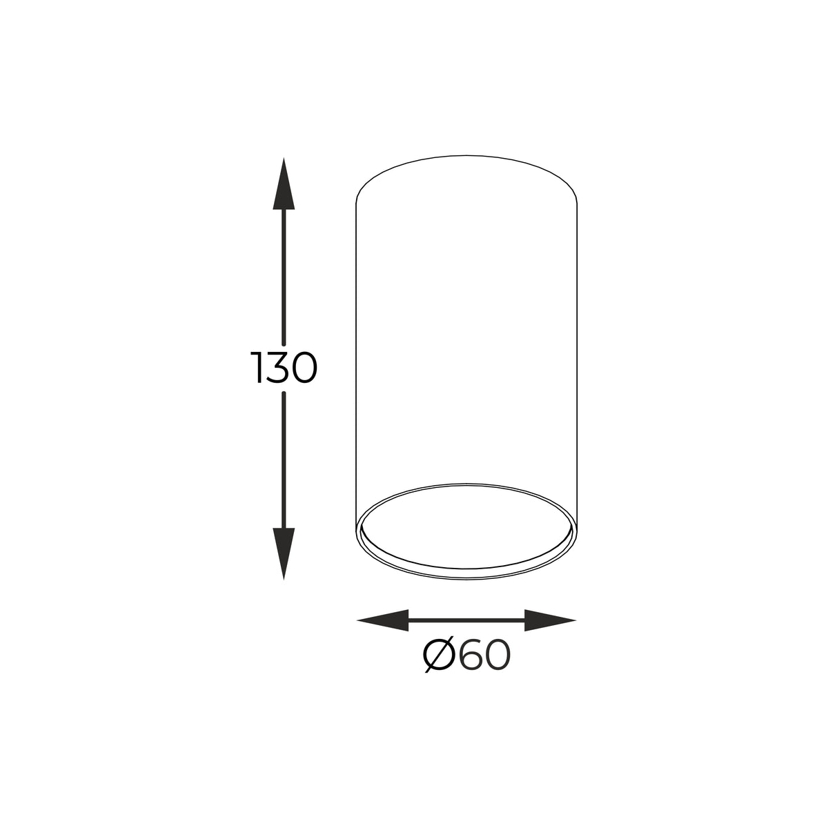Schéma de dimensions du spot cylindrique avec hauteur 130 mm et diamètre 60 mm.