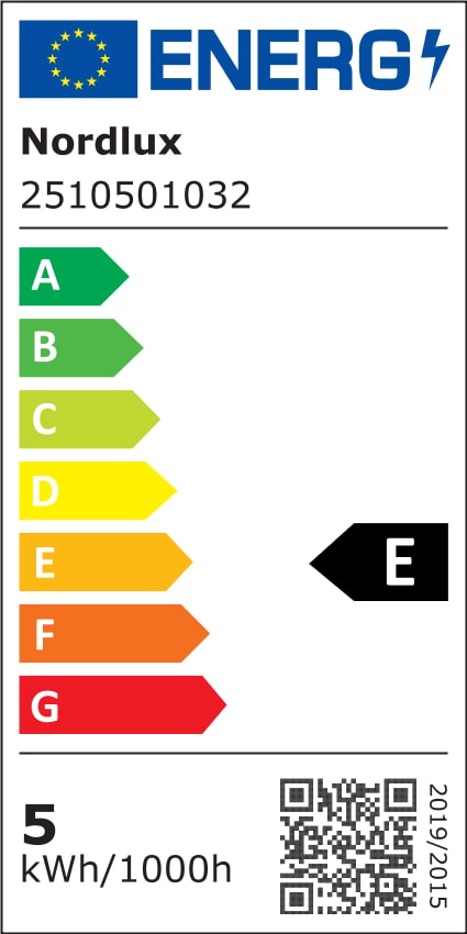 Étiquette énergie européenne classe E, consommation cinq kWh pour mille heures, marque Nordlux