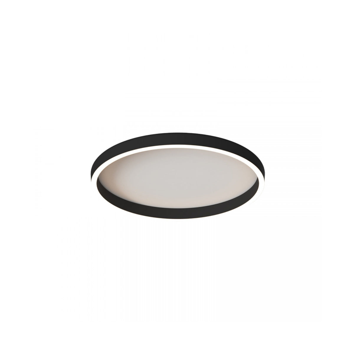 Vue rapprochée du luminaire rond, anneau noir et surface lumineuse blanche.