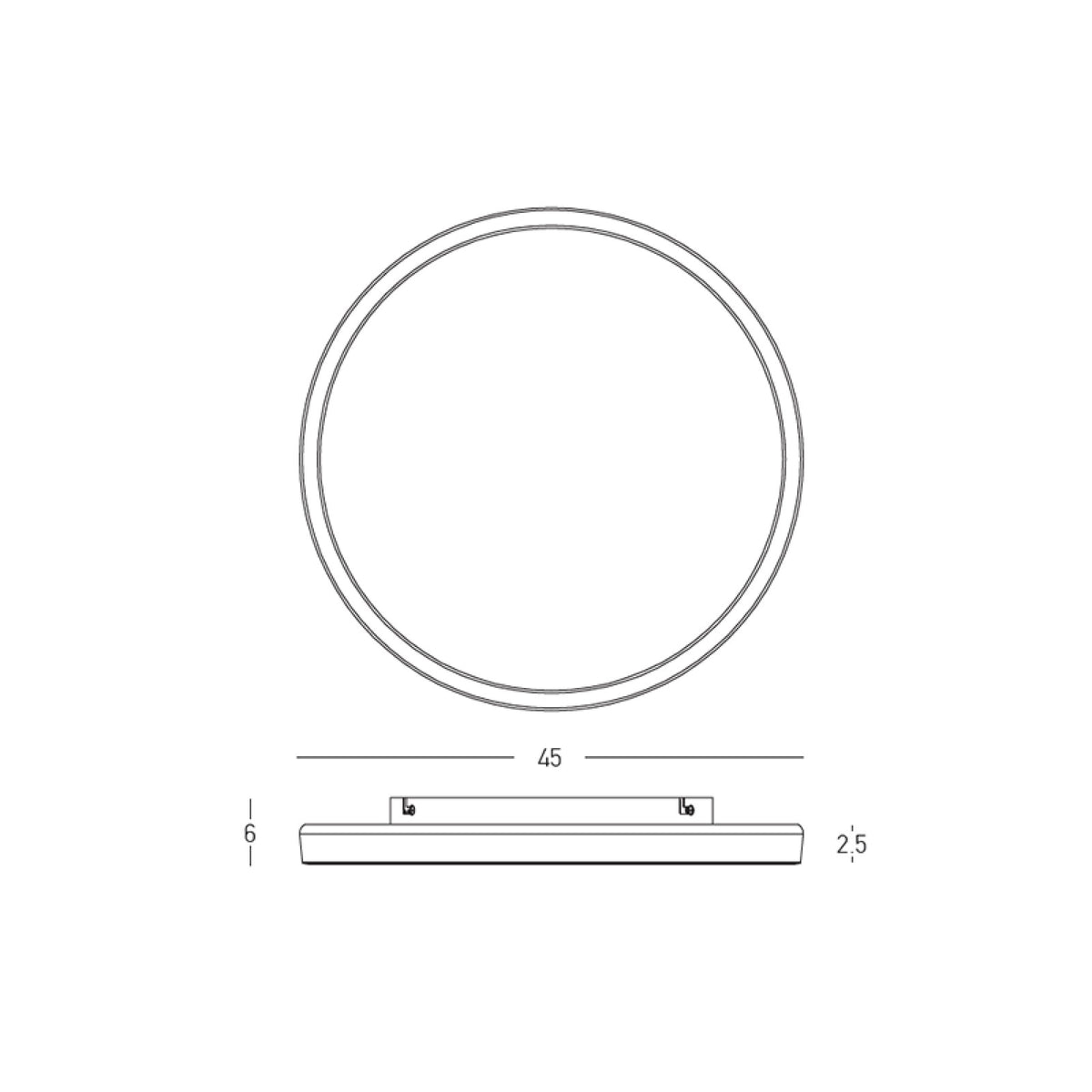 Schéma de dimensions du plafonnier : diamètre 45 cm et épaisseur 2,5 cm
