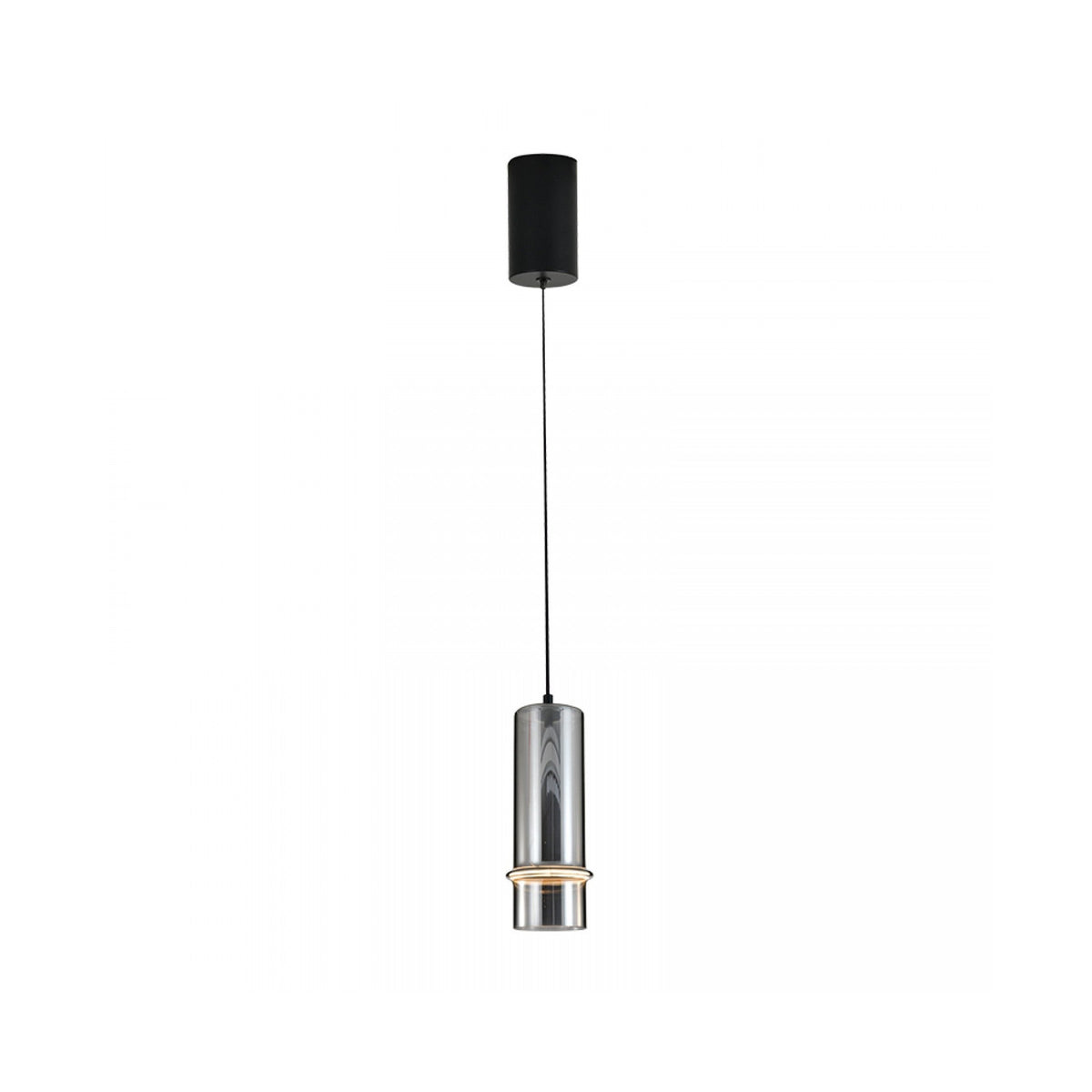Suspension seule sur fond blanc, rosace noire et abat-jour cylindrique en verre fumé.