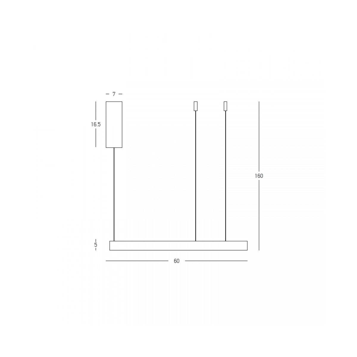 Schéma coté du luminaire avec diamètre 60 cm, hauteur 160 cm et pavillon 16,5 cm.