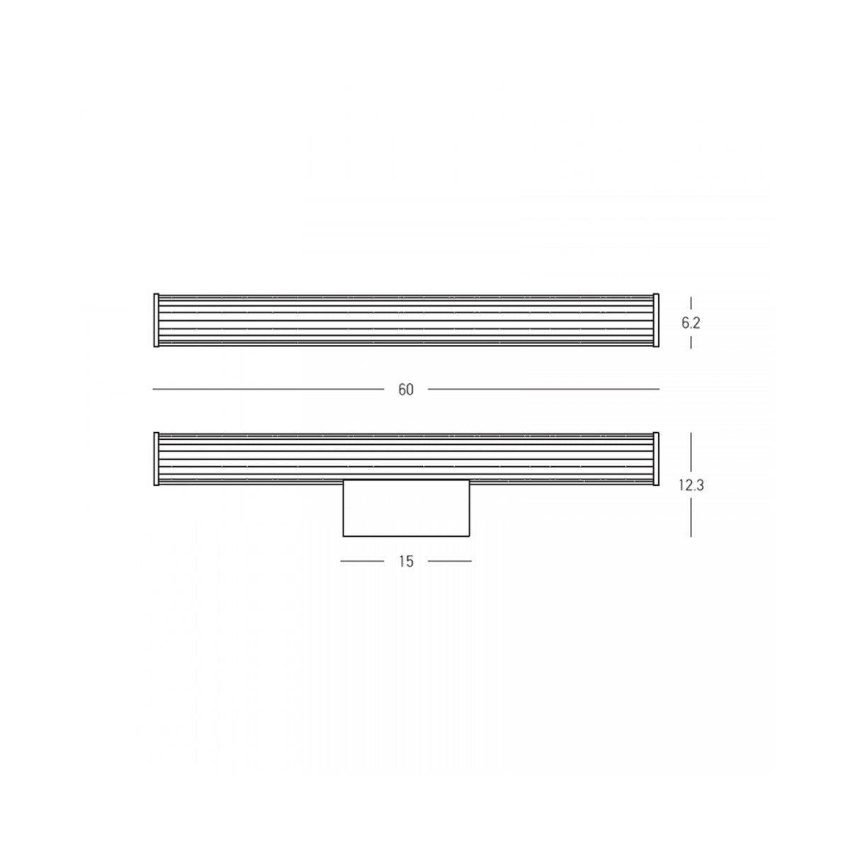 Schéma technique coté : longueur 60 cm, hauteur 6,2 cm et base 15 cm