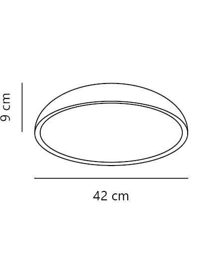 Schéma de dimensions du plafonnier rond, 42 cm de diamètre et 9 cm de hauteur.