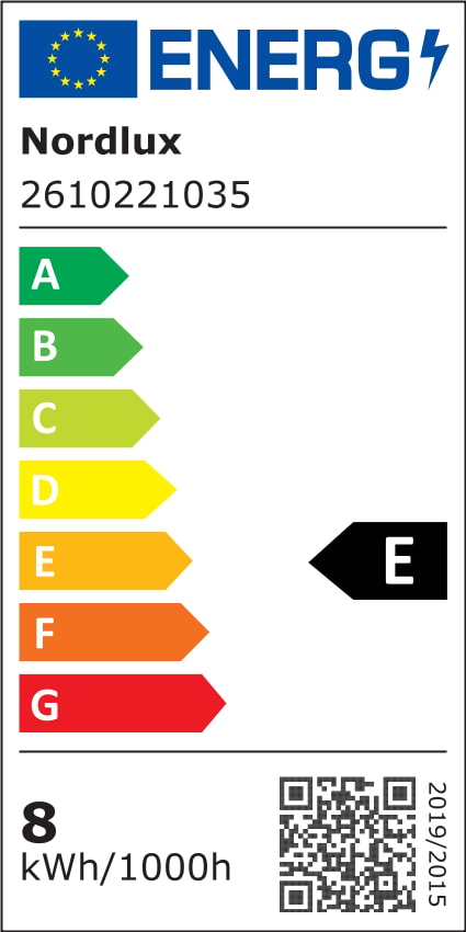 Étiquette énergie européenne indiquant la classe E et 8 kWh pour 1000 heures.