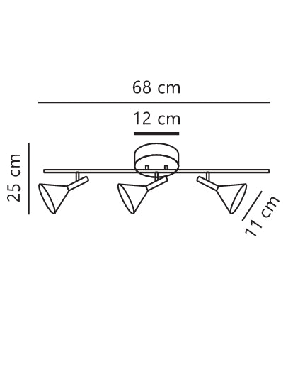 Schéma coté : largeur 68 cm, hauteur 25 cm, base 12 cm, cône 11 cm