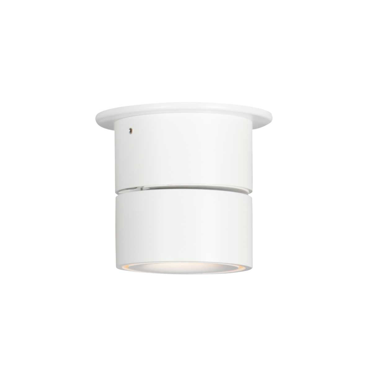 Profil latéral du spot blanc cylindrique, corps inclinable et finition mate.