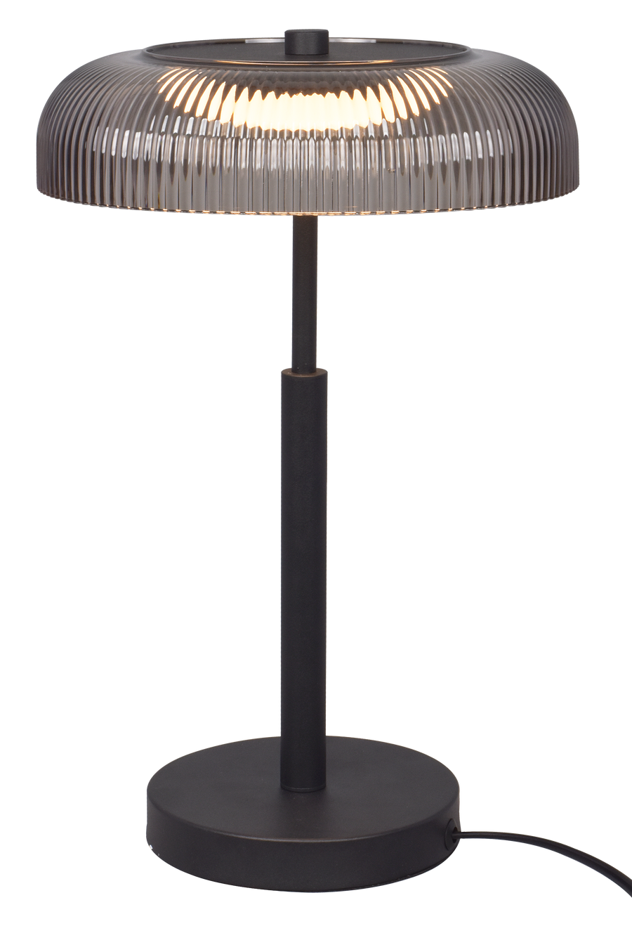 Lampe à poser noire vue de face, abat-jour en verre gris strié, socle rond