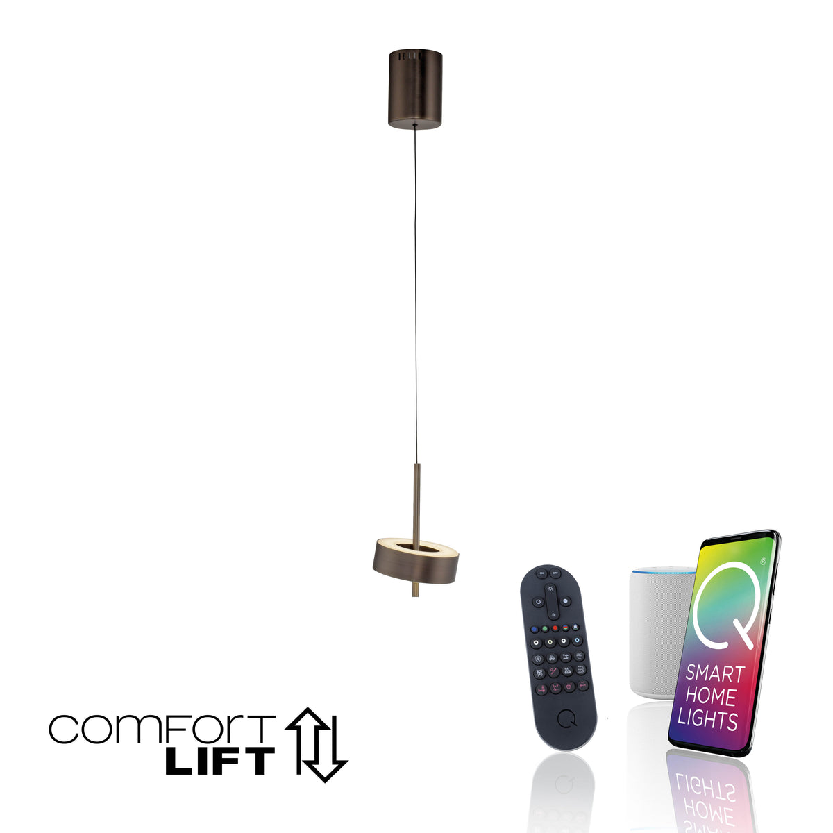 Visuel produit avec télécommande, enceinte connectée et application Smart Home Lights