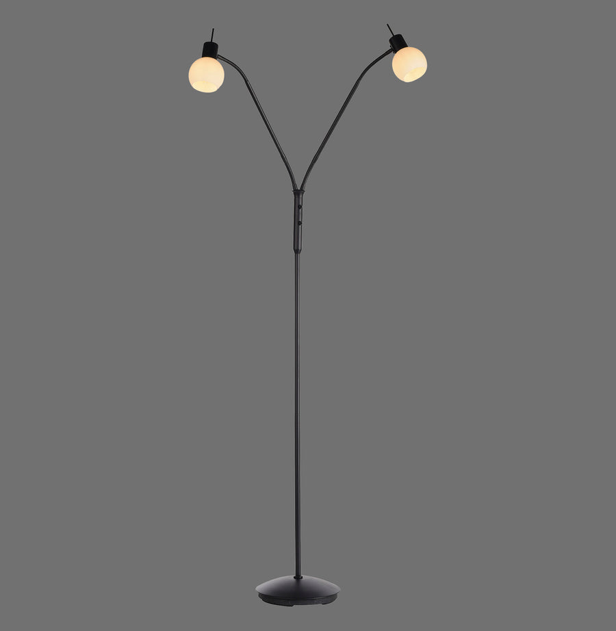 Lampadaire noir à deux globes en verre opale, vue de face sur fond gris.