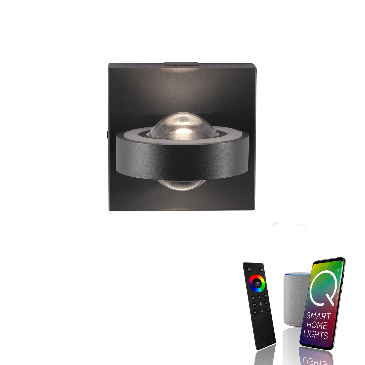 Vue de face de l'applique murale avec télécommande, enceinte et smartphone compatibles.