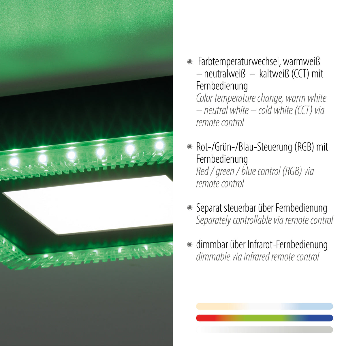Détail du cadre en verre strié avec LED, légendes sur température de couleur et contrôle RGB