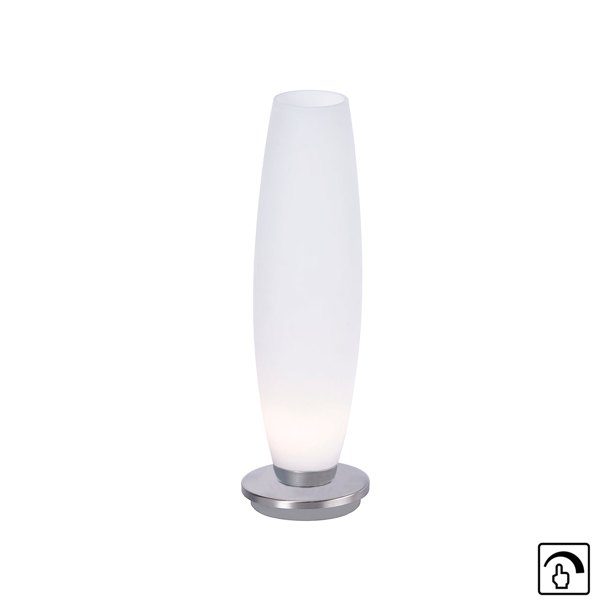 Vue de face sur fond blanc avec icône de variateur tactile, abat-jour en verre opalin.