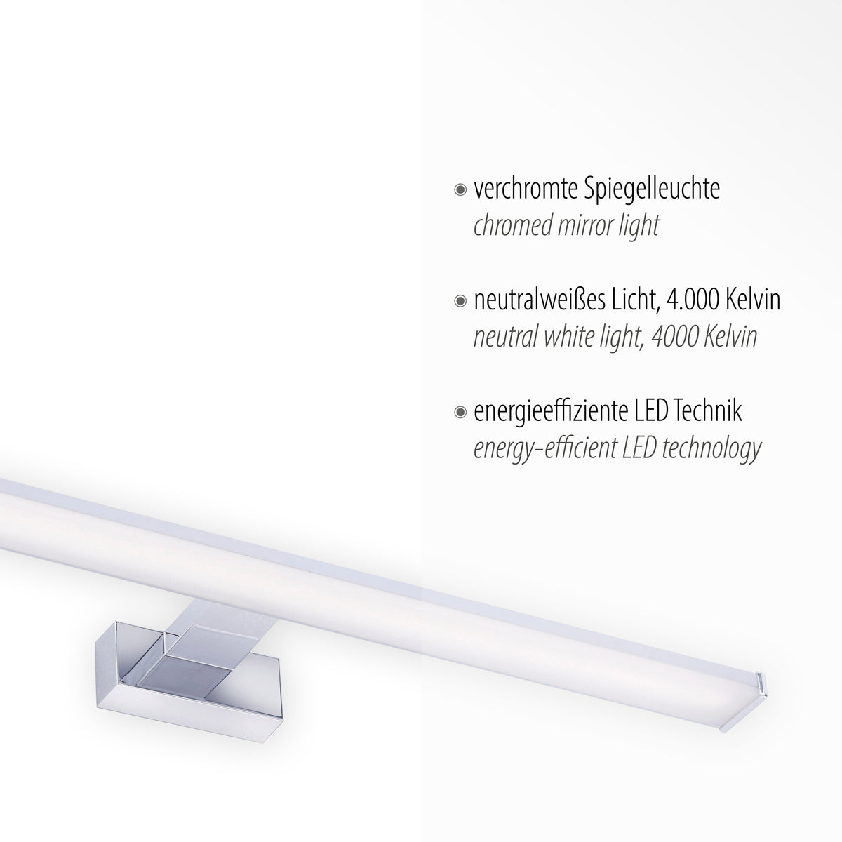 Gros plan sur le socle chromé et rappel des caractéristiques techniques, lumière blanc neutre