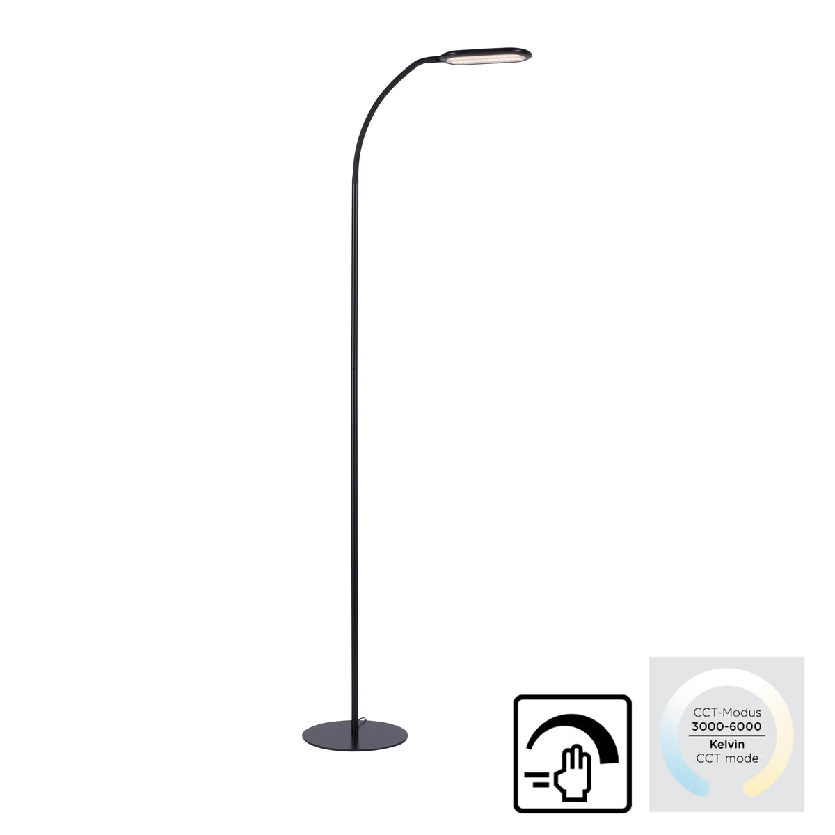 Vue produit avec pictogrammes variateur tactile et température de couleur réglable de 3000 à 6000 kelvins
