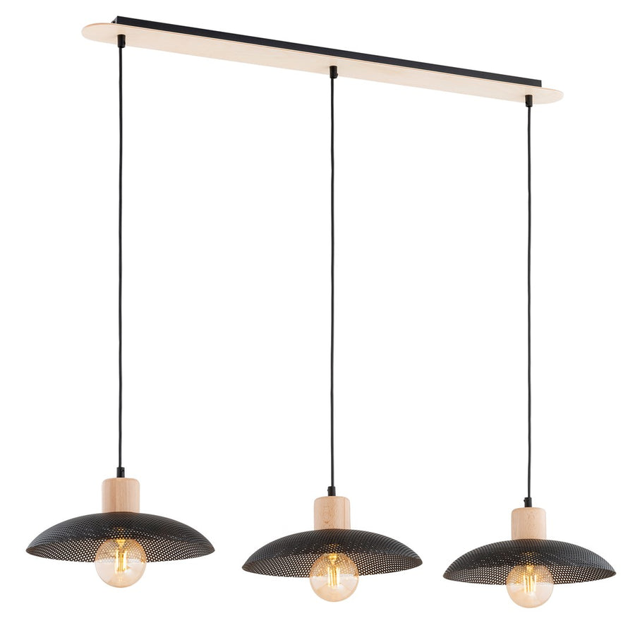 Suspension trois lumières vue de face sur fond blanc, structure linéaire en bois clair