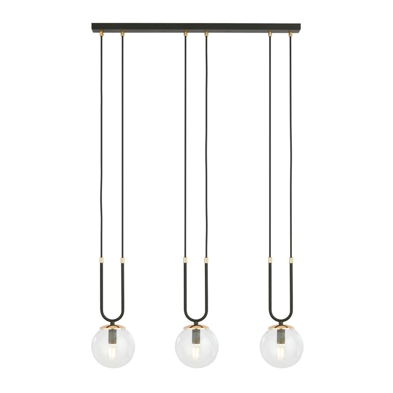 Glam 3-light pendant, black, clear glass
