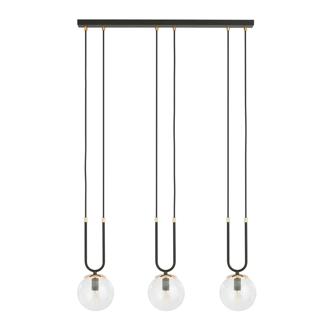 Glam 3-light pendant, black, clear glass