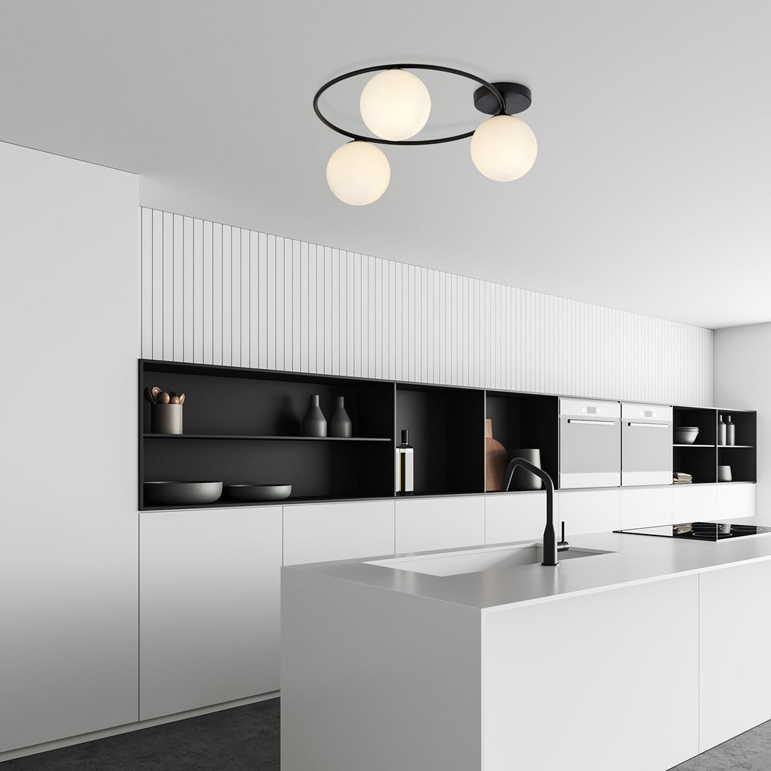 Sopra 3-light ceiling light, black, opal glass