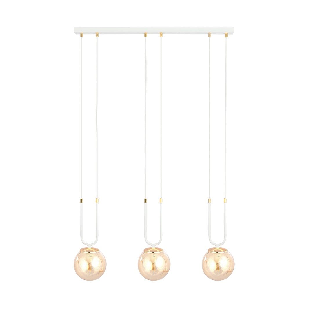 Glam 3-light pendant, white, amber glass