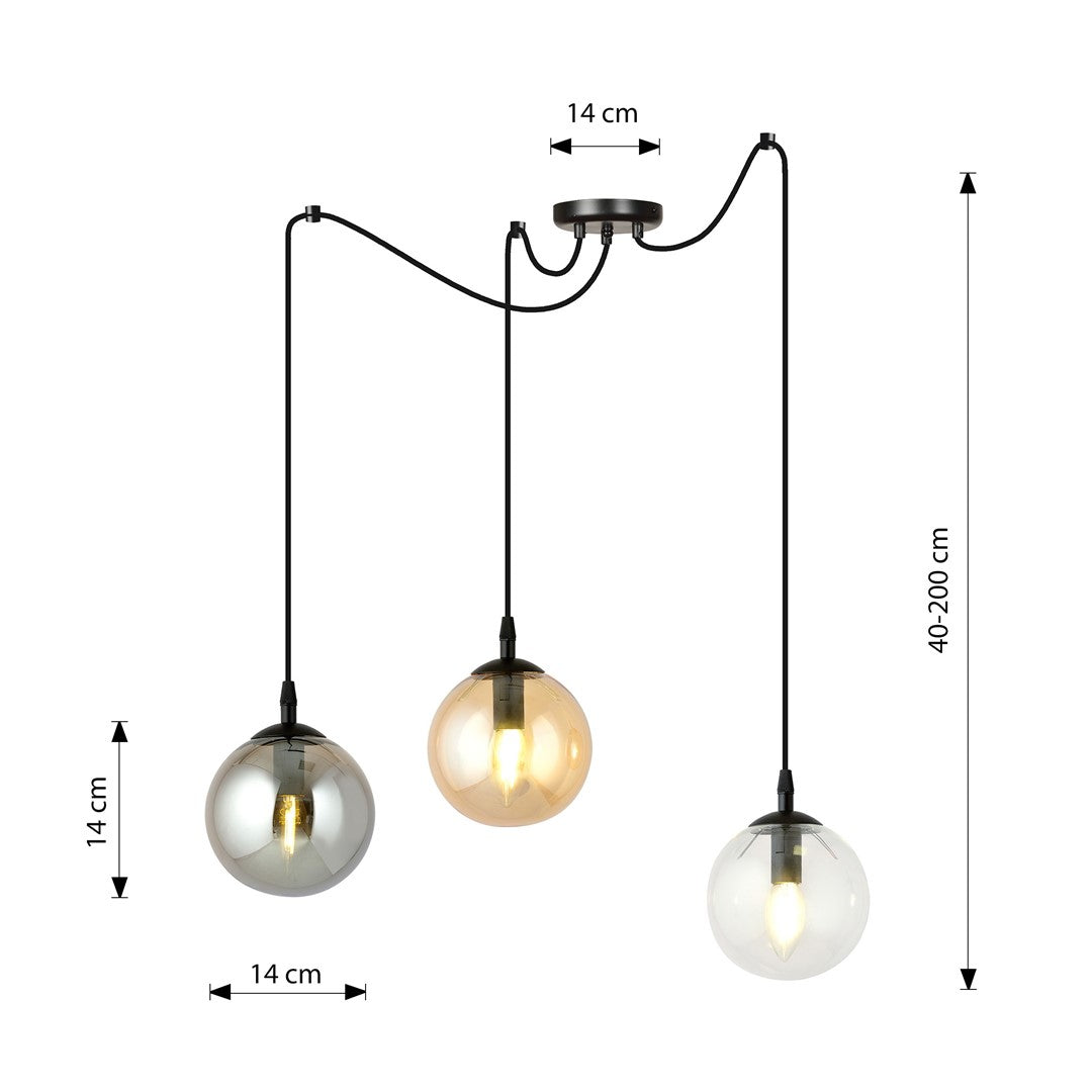 Schéma coté : rosace 14 cm, globes 14 cm, hauteur réglable de 40 à 200 cm