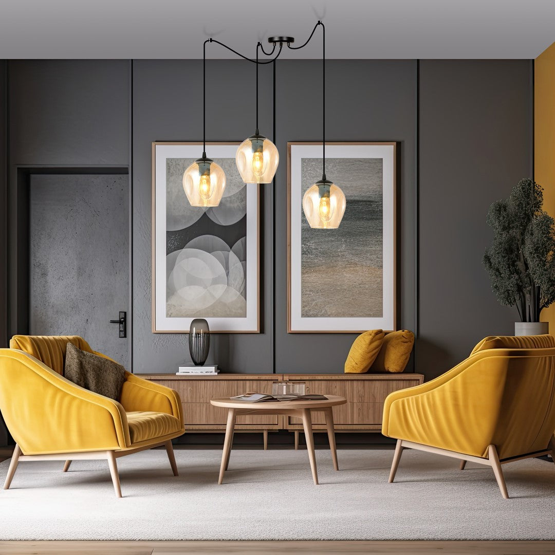 Level 3-light pendant lamp black, amber glass