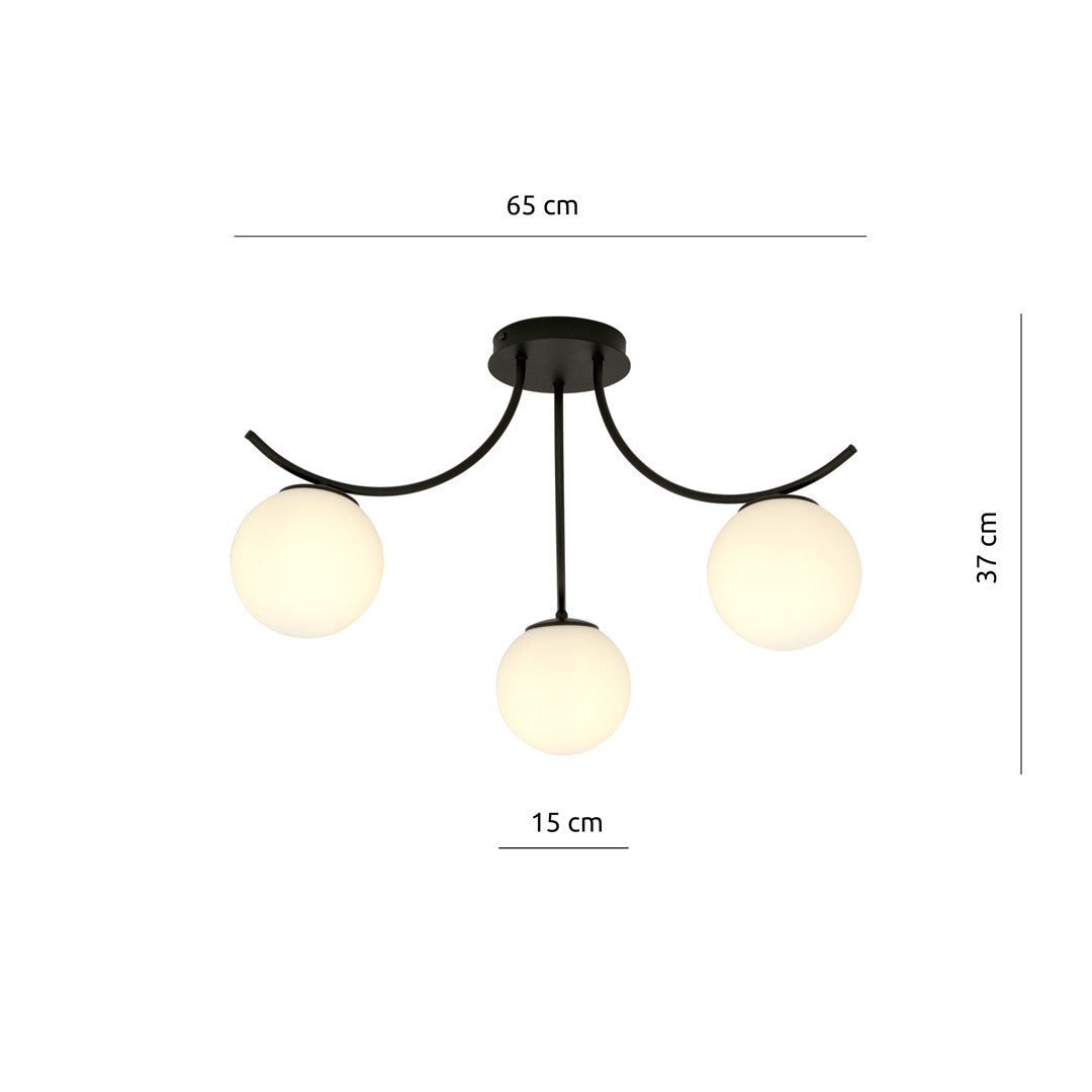 Schéma coté du plafonnier : largeur 65 cm, hauteur 37 cm, globes 15 cm.
