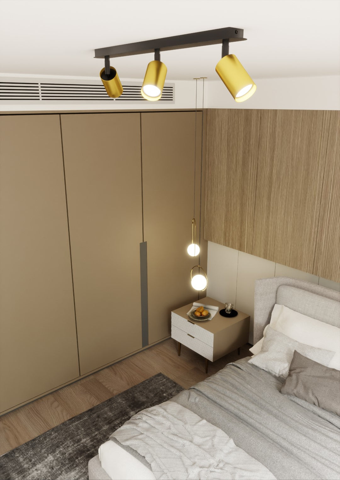 Vue large de la chambre montrant plafonnier, armoire beige et suspensions