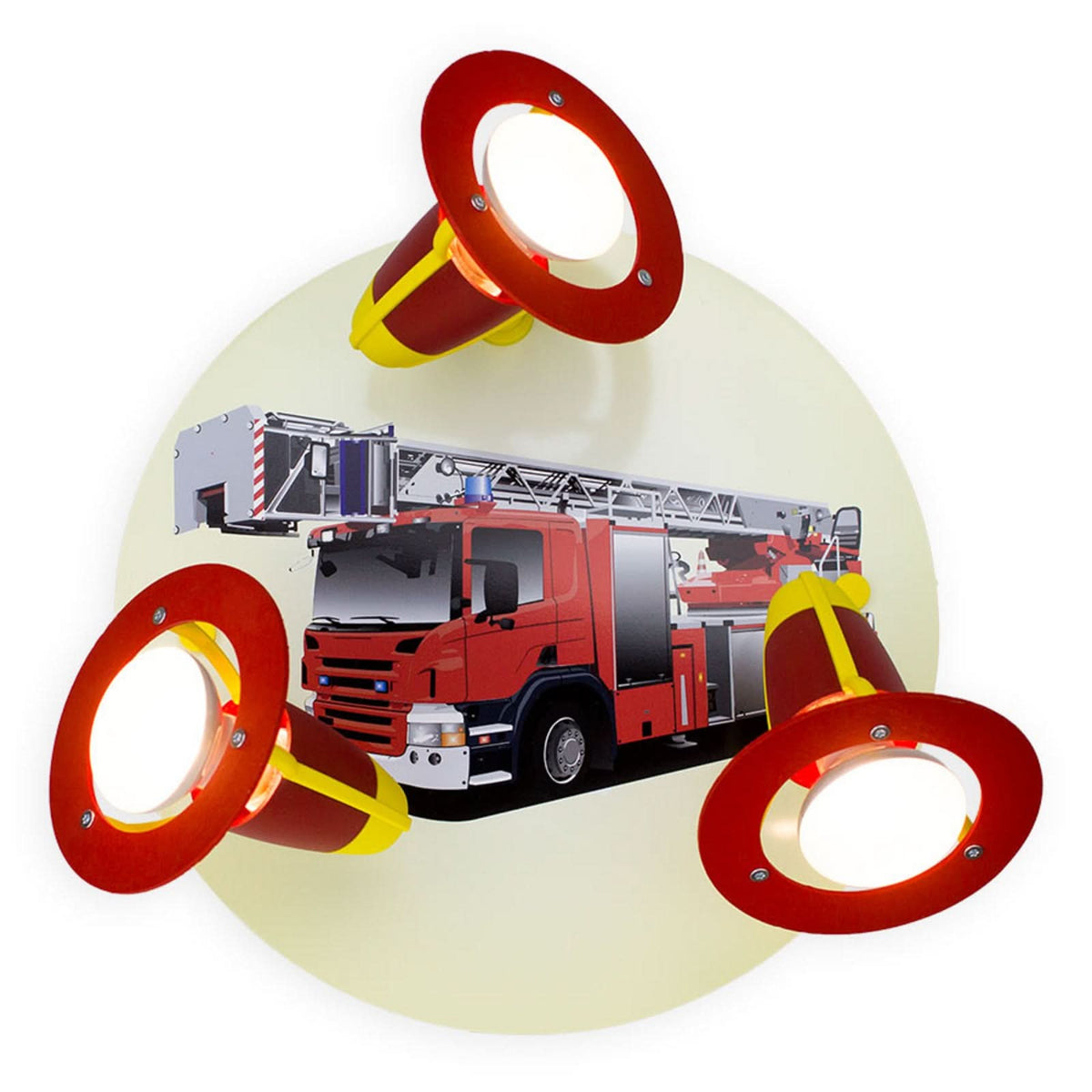Applique murale Camion en bois, rouge et jaune, 3 lumières, Ø 30 cm