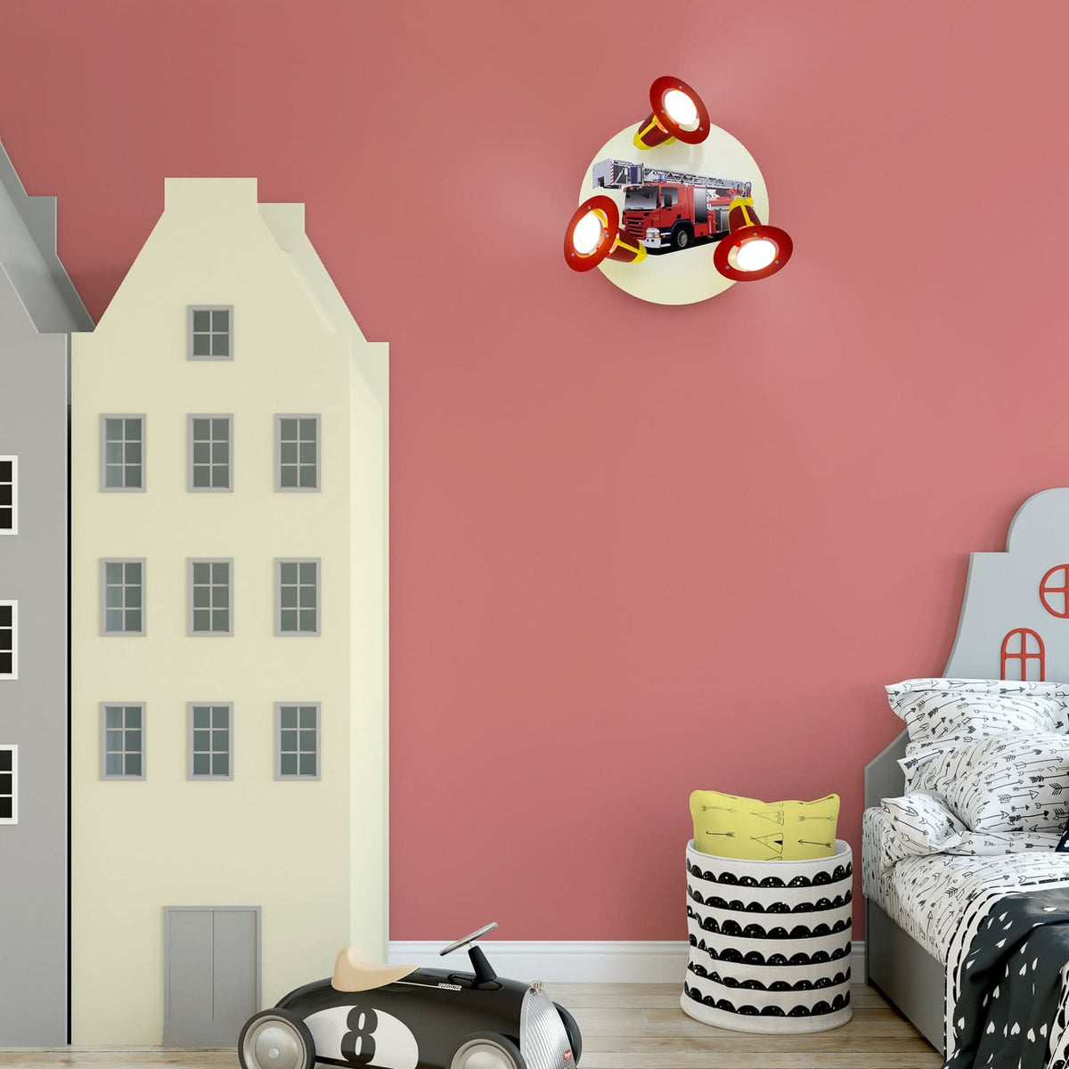Applique murale Camion en bois, rouge et jaune, 3 lumières, Ø 30 cm