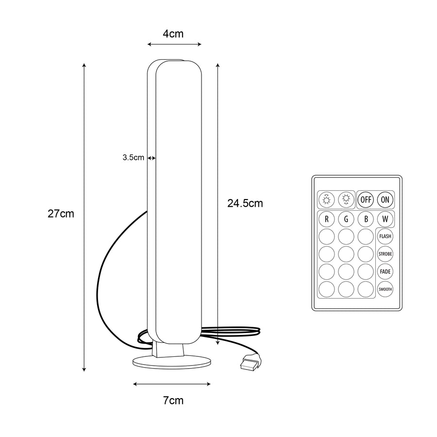 Schéma coté du luminaire avec télécommande, hauteur et largeur indiquées