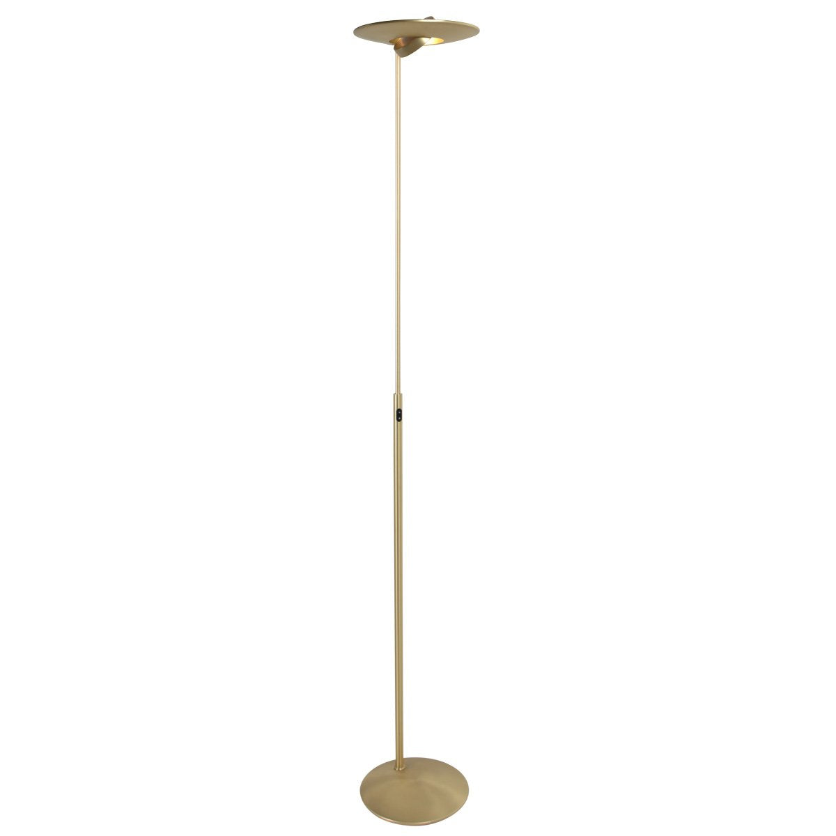 Vue entière du lampadaire doré, légèrement inclinée, avec halo lumineux sous le disque.
