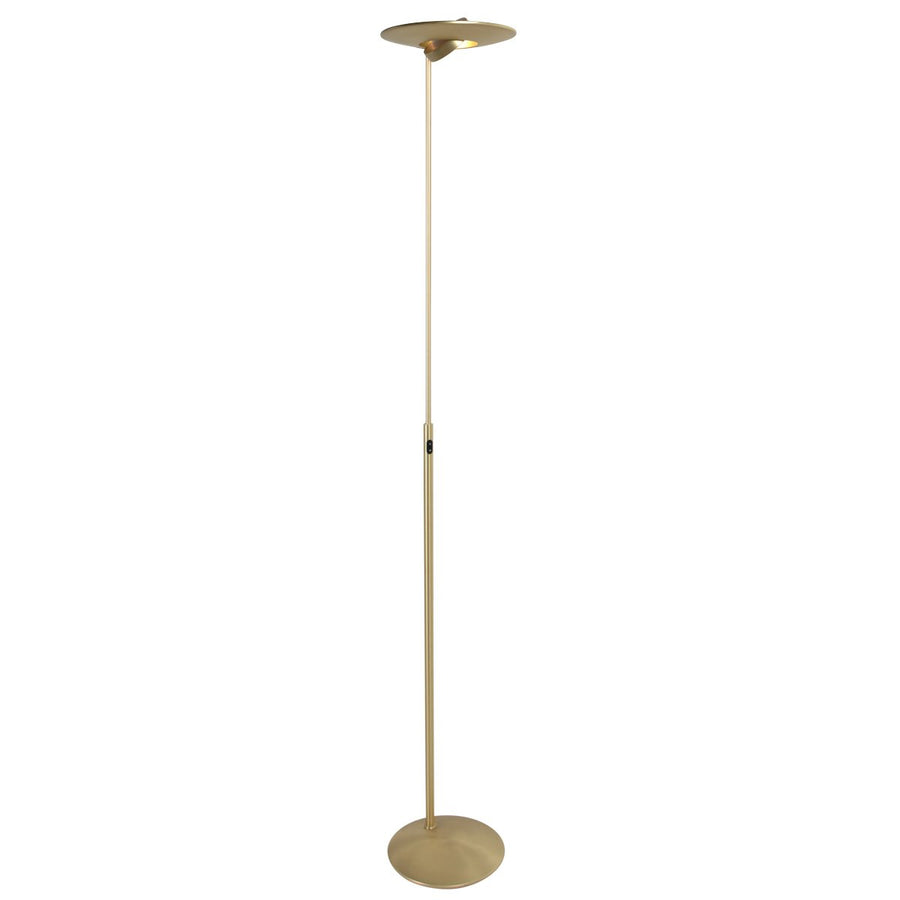 Vue entière du lampadaire doré, légèrement inclinée, avec halo lumineux sous le disque.