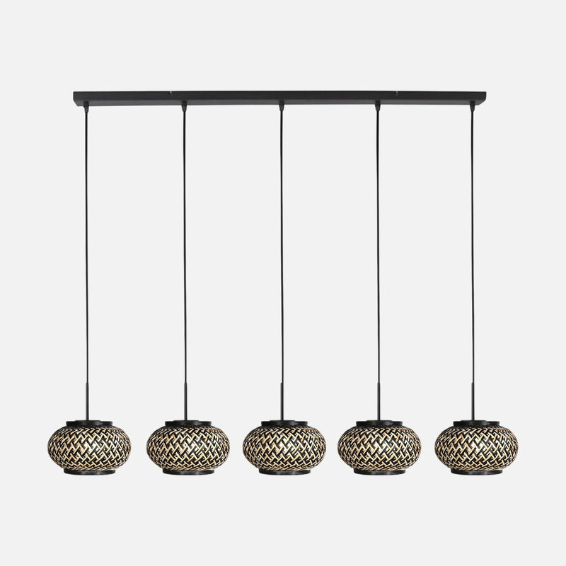 5-light bamboo pendant light, 110 cm bar & woven lampshades | Lombok