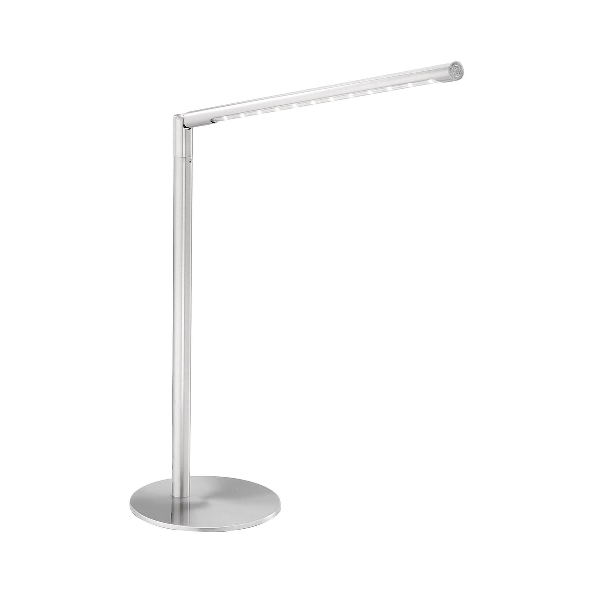 Vue de face du luminaire argenté sur fond blanc, tige verticale et tête plate horizontale.