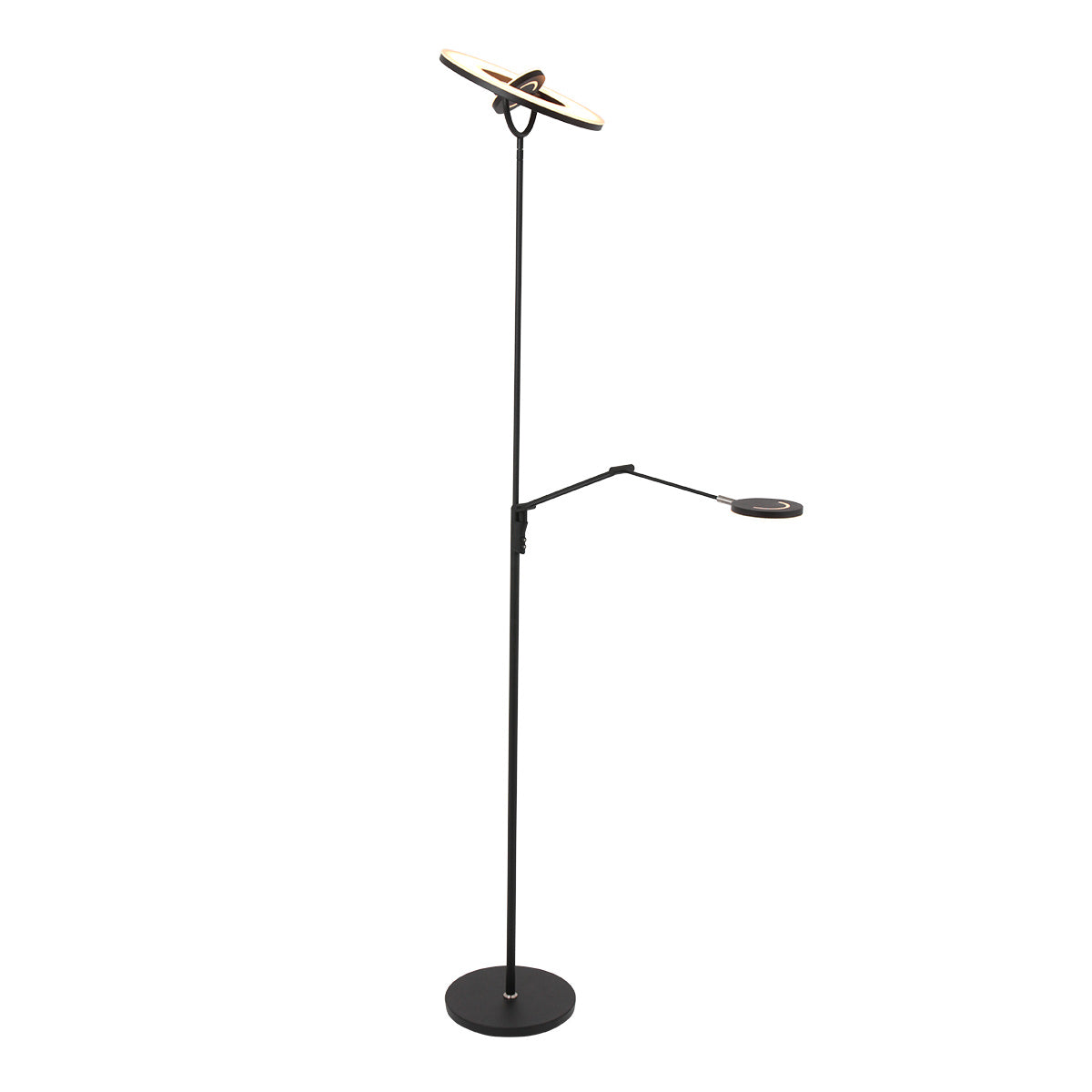 Vue en contre-plongée du lampadaire, disque supérieur incliné et bras latéral déployé.