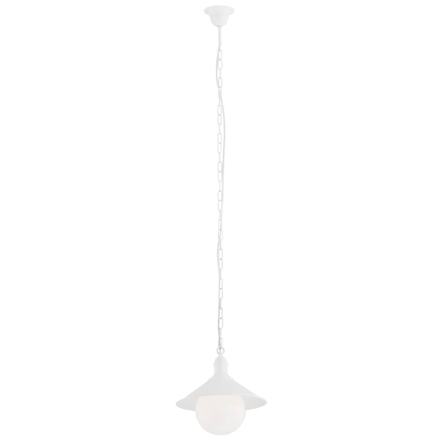 Version blanche de la suspension avec chaîne, rosace et diffuseur globe