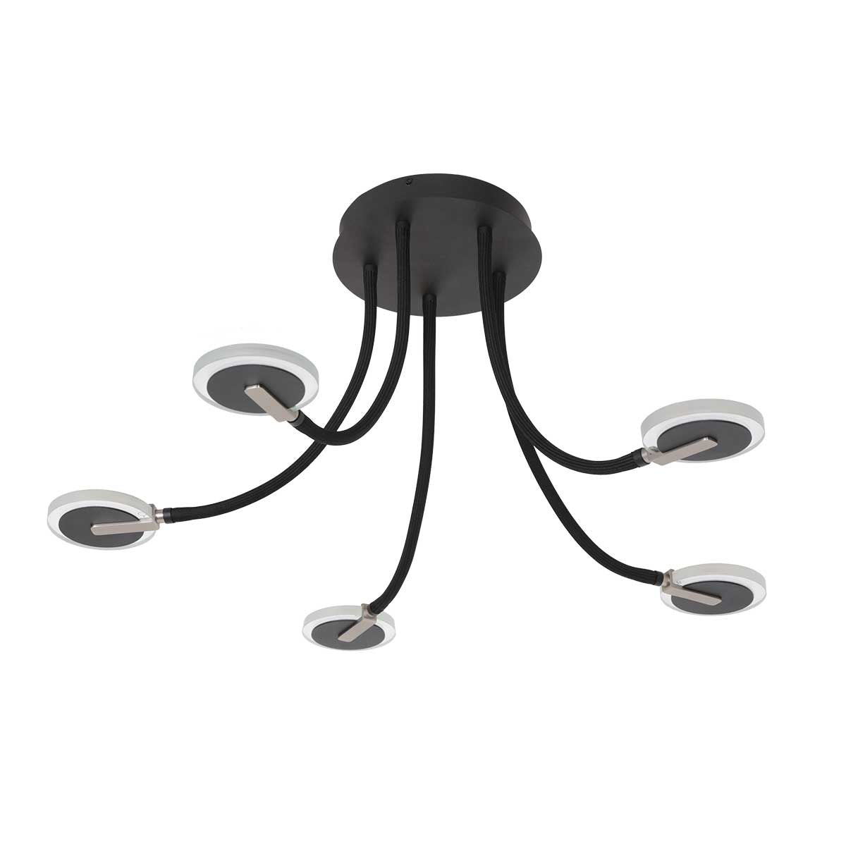 Autre angle du plafonnier noir avec ses bras souples et diffuseurs ronds allumés.