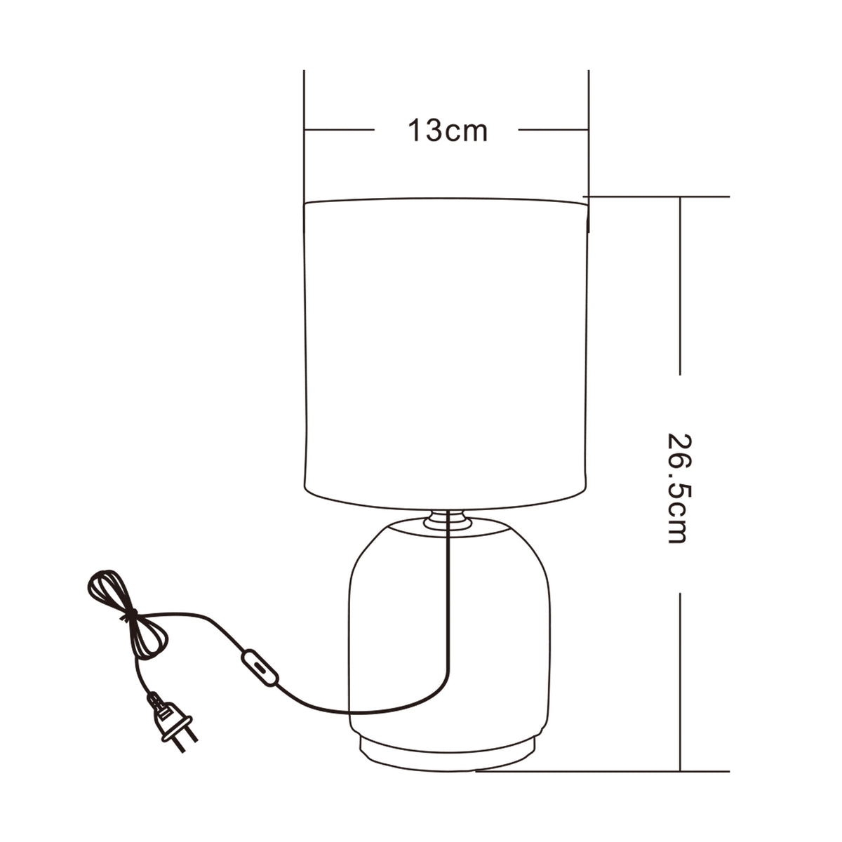 Schéma de dimensions indiquant la largeur de l'abat-jour et la hauteur totale de la lampe