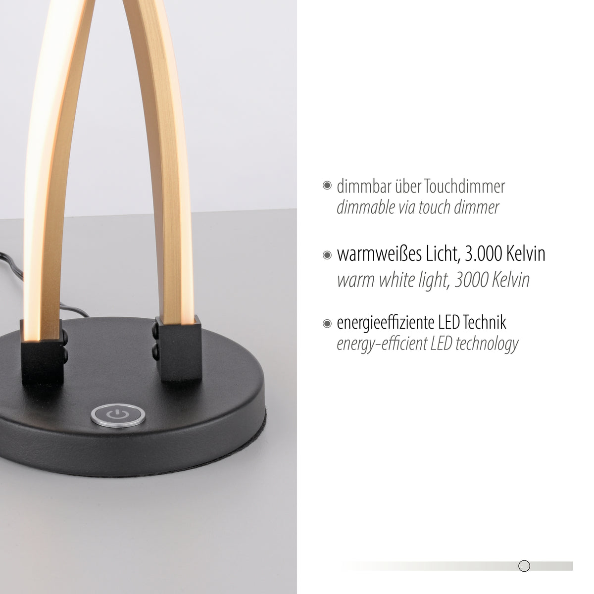 Détail du socle noir avec interrupteur tactile et texte sur la technologie LED dimmable.