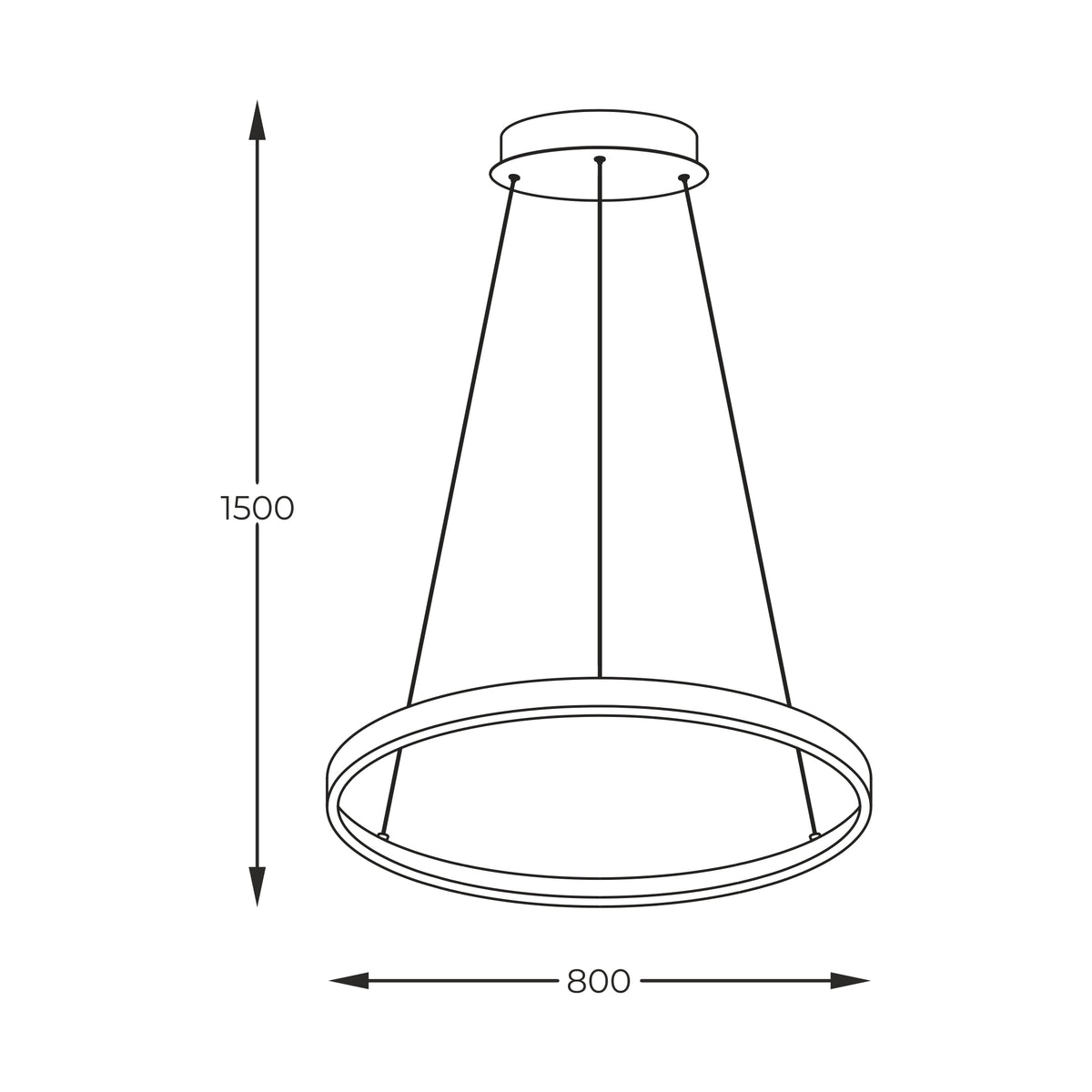 Schéma coté du luminaire : hauteur 1500 mm et diamètre 800 mm