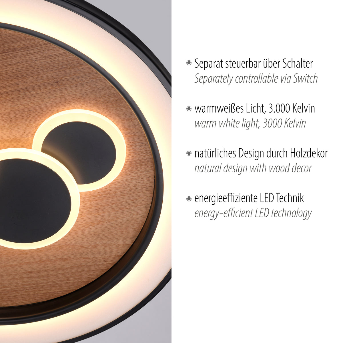 Détail du luminaire avec texte sur lumière chaude et décor bois.